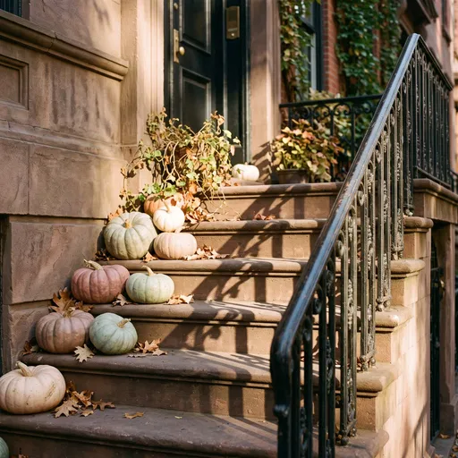 Brownstone Stoop with Pastel Autumn Pumpkins