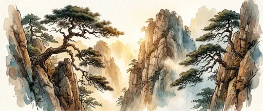 Watercolor Mountain Peaks and Pine Trees
