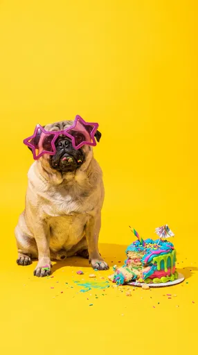 Pug in Star Sunglasses with Birthday Cake