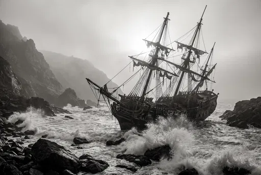 Monochrome Shipwreck in Foggy Rocky Cove