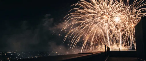 Golden Fireworks Over Rooftop at Night