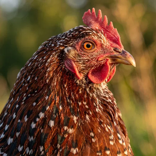 Close-Up Portrait of Speckled Sussex Hen