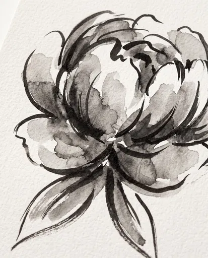 Monochrome Watercolor Peony Flower Sketch