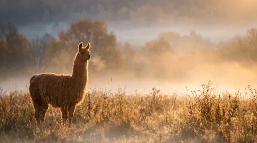 Llama in Misty Golden Meadow