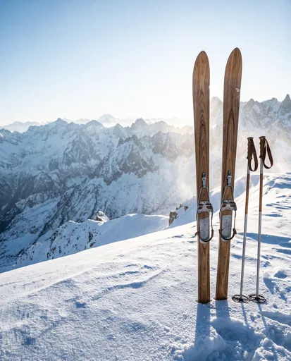 Wooden Skis on Snowy Mountain Peak