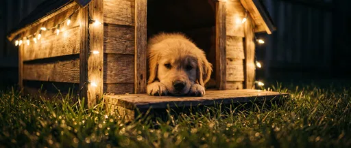 Golden Retriever Puppy in Lit Doghouse