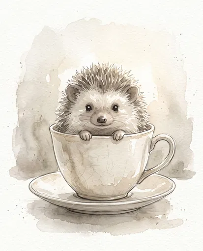 Watercolor Hedgehog in Vintage Teacup