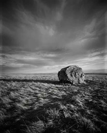 Lone Boulder on Monochrome Grassland Plain