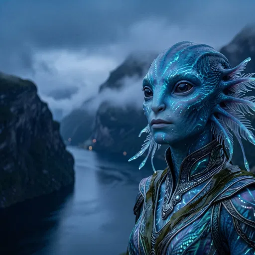 Blue Aquatic Alien Against Misty Fjord