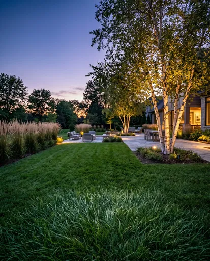 Illuminated Backyard Garden and Patio at Dusk
