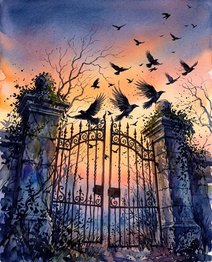 Watercolor Crows Flying Over Cemetery Gate