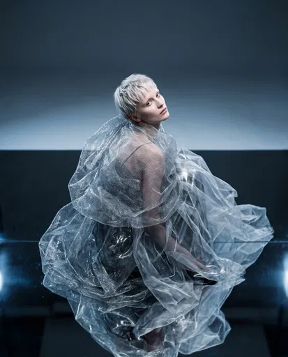 Model in Metallic Mesh and Silver Tulle