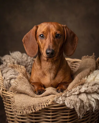 Red Miniature Dachshund in Rustic Basket