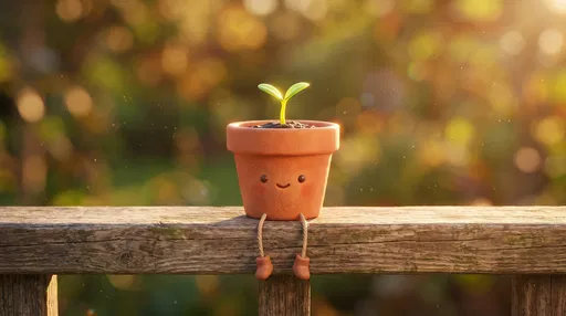 Cute Smiling Flowerpot on Wooden Railing