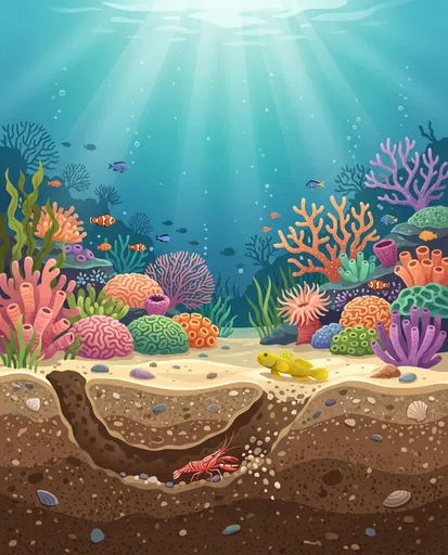 Coral Reef Cross Section With Shrimp Burrow