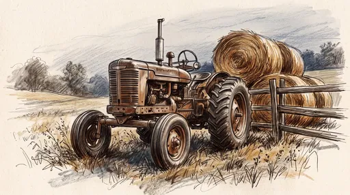 Vintage Tractor and Hay Bales Sketch