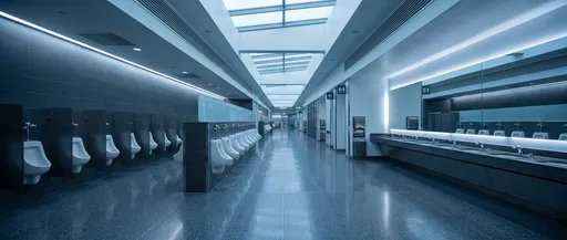 Modern Blue Airport Restroom Panorama