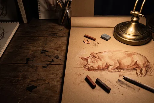 Sanguine Pig Sketch on Artist Desk
