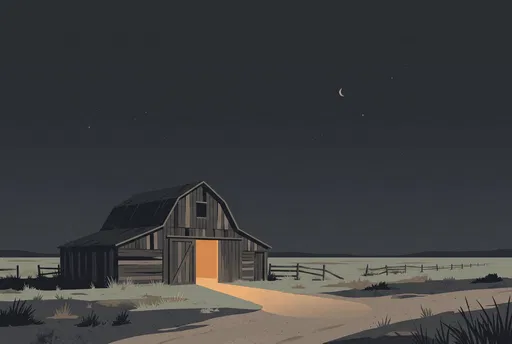 Illustrated Barn on Quiet Night Prairie