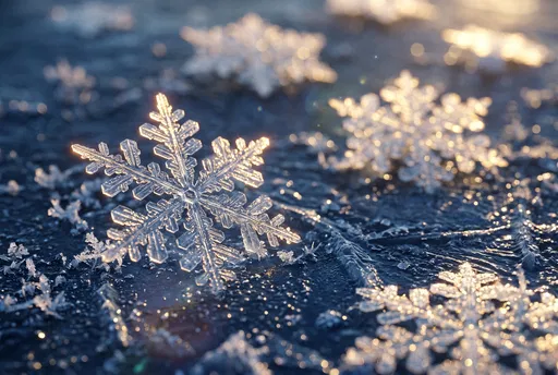 Golden Lit Snowflake on Blue Ice