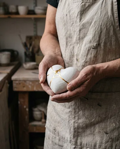 Artisan Hands Holding Kintsugi Ceramic Heart