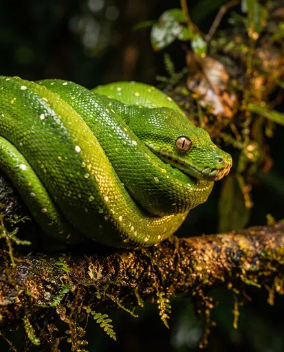 Green Tree Python Coiled on Branch