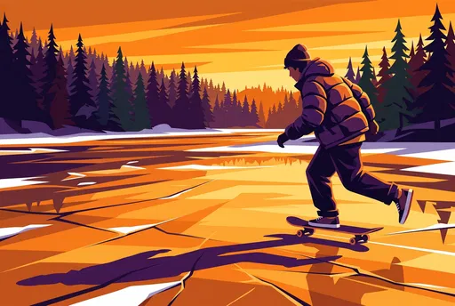 Teenager Skateboarding on Frozen River at Sunset