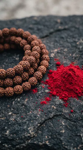 Rudraksha Prayer Beads and Red Kumkum Powder