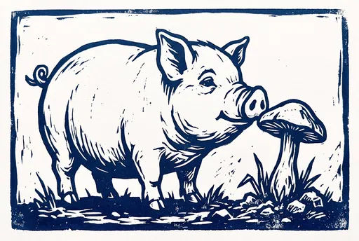Blue Linocut Pig Sniffing Mushroom