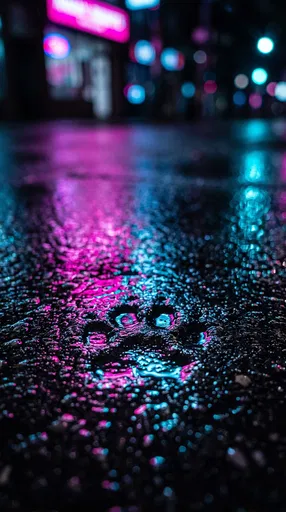 Neon Lit Paw Print on Wet Asphalt