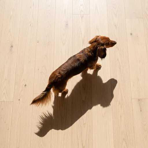 Overhead View of Dachshund on Wood Floor
