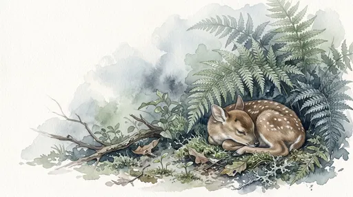 Watercolor Spotted Fawn Sleeping Under Ferns