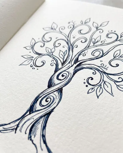 Whimsical Blue Ink Tree Sketch on Paper