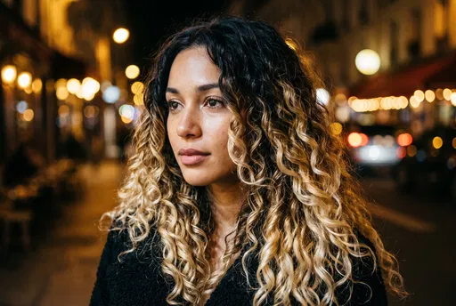 Woman with Curly Ombre Hair at Night