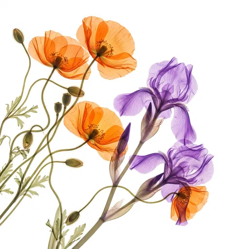 Translucent Orange Poppies and Purple Irises