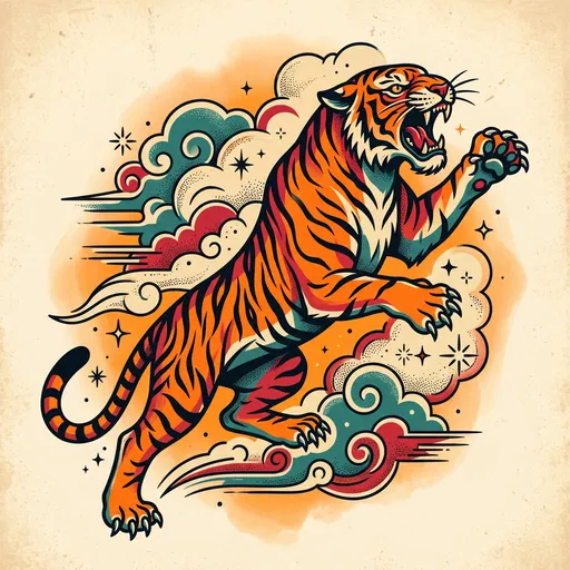 Traditional Tiger Leaping Through Clouds Illustration