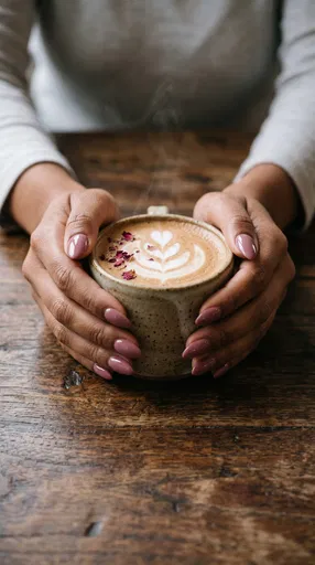 Hands Holding Warm Rose Latte Mug