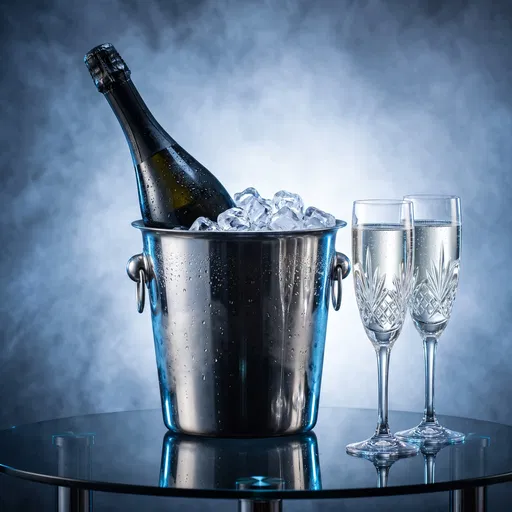Champagne Bottle in Ice Bucket with Flutes