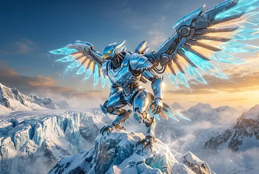 Blue Avian Mech on Snowy Peak