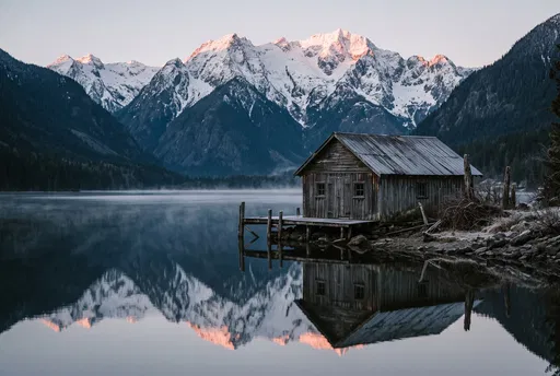 Weathered Boathouse on Calm Mountain Lake
