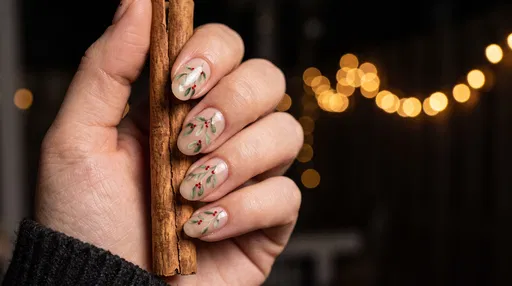 Hand Holding Cinnamon Stick With Festive Nail Art