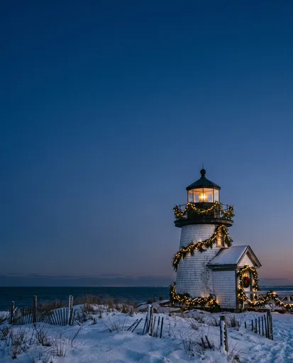 Decorated Coastal Lighthouse in Winter Twilight