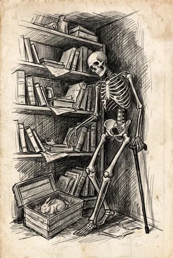 Graphite Sketch of Skeleton and Sleeping Rabbit