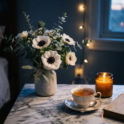 White Anemone Bouquet with Tea and Candle