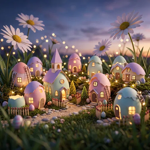 Glowing Miniature Easter Eggshell Village at Twilight