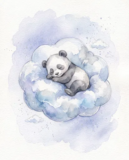 Watercolor Baby Panda Sleeping on Cloud