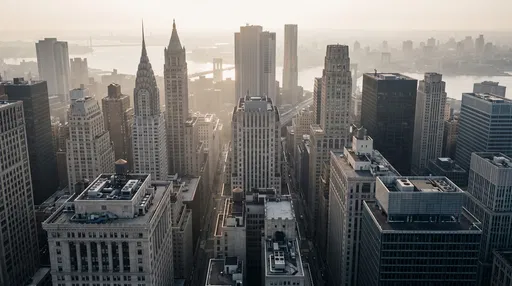 Hazy Morning Aerial View of Financial District