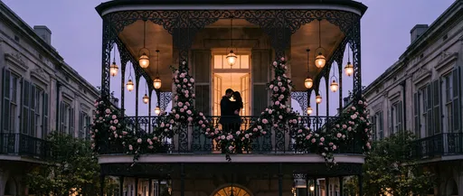 Couple Embracing on Floral Balcony at Dusk