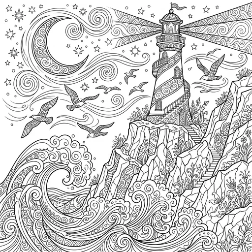 Whimsical Lighthouse Adult Coloring Page
