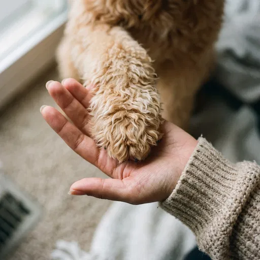 Fluffy Dog Paw in Woman's Hand